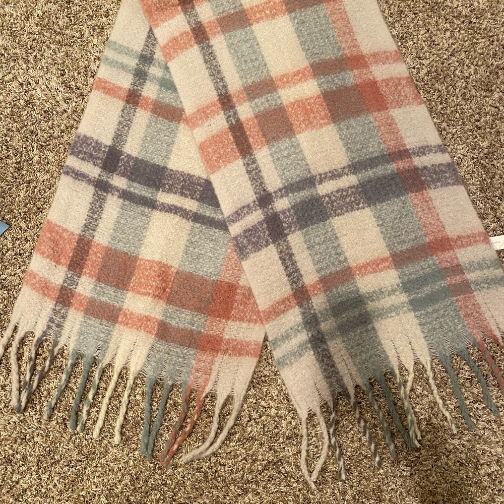 Plaid Wool Scarf in Cream, Blue, and Orange